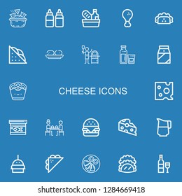 Editable 22 cheese icons for web and mobile. Set of cheese included icons line Nachos, Sauces, Food, Fried chicken, Taco, Sandwich, Croquette, Pizza, Milk, Onion rings on blue background