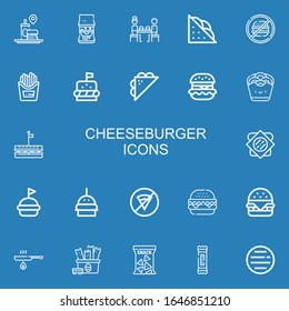 Editable 22 cheeseburger icons for web and mobile. Set of cheeseburger included icons line Fast food, Sandwich, Junk food, Fries, Burger, Hamburguer, Onion rings on blue background