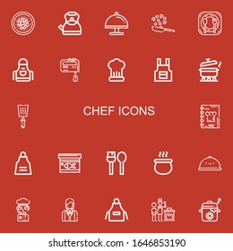 Editable 22 chef icons for web and mobile. Set of chef included icons line Chinese food, Kettle, Tray, Cooking, Restaurant, Apron, Mixer, Pot, Spatula, Recipe book on red background