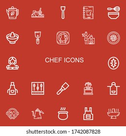 Editable 22 chef icons for web and mobile. Set of chef included icons line Kettle, Cooking, Spatula, Recipe book, Whisk, Hot pot, Restaurant, Chinese food, Waitress on red background