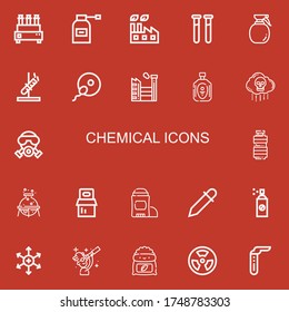 Editable 22 chemical icons for web and mobile. Set of chemical included icons line Test tube, Spray, Factory, Test tubes, Fertilization, Oil, Bio weapon, Gas mask on red background