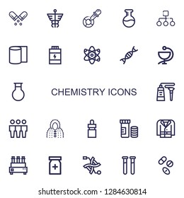 Editable 22 chemistry icons for web and mobile. Set of chemistry included icons line Pill, Caduceus, Eyedropper, Flask, Structure, Bandages, Proteins, Atom on white background