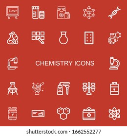 Editable 22 chemistry icons for web and mobile. Set of chemistry included icons line Formula, Vitamins, Medicines, Molecule, Genetic, Flask, Pipette, Pills, Microscope on red background