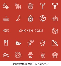 Editable 22 chicken icons for web and mobile. Set of chicken included icons line Pizza, Chicken, Sausage, Sandwich, Fried chicken, Animal, Roast, Salami, Tandoor on red background