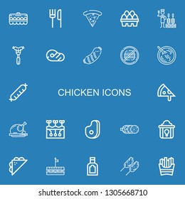 Editable 22 chicken icons for web and mobile. Set of chicken included icons line Egg, Restaurant, Pizza, Eggs, Churrasco, Sausage, Meat, Junk food, Sour soup on blue background