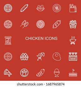 Editable 22 chicken icons for web and mobile. Set of chicken included icons line Pizza, Sausage, Nest, Oyster omelette, Food, Chicken, Barbecue, French fries on red background