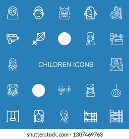 Editable 22 children icons for web and mobile. Set of children included icons line Sloth, Girl, Monster, Yoyo, Water gun, Kite, Swing, Birthday invitation, Bunk bed on blue background