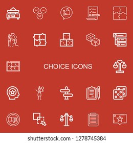 Editable 22 choice icons for web and mobile. Set of choice included icons line Balance, Satisfaction, Like, List, Puzzle, Proposal, Dice, Dices, Tasks, Favorite on red background