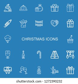 Editable 22 christmas icons for web and mobile. Set of christmas included icons line Pudding, Winter hat, Gifts, Gift, Spark, Garlands, Tree, Champagne, Candy cane on blue background