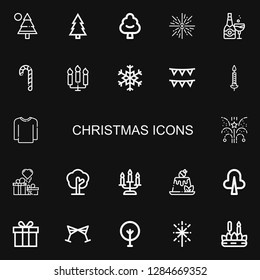 Editable 22 christmas icons for web and mobile. Set of christmas included icons line Pine, Forest, Tree, Firework, Champagne, Candy cane, Candles, Snowflake on black background