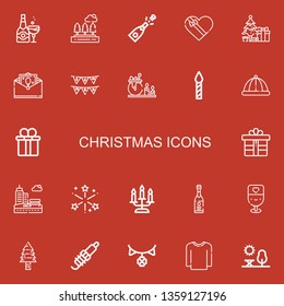 Editable 22 christmas icons for web and mobile. Set of christmas included icons line Champagne, Trees, Gift box, Christmas tree, Greeting card, Garlands, Candle on red background