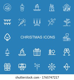 Editable 22 christmas icons for web and mobile. Set of christmas included icons line Surprised, Candle, Pudding, Candles, Gift, Garlands, Sparkle, Branch, Tree on blue background