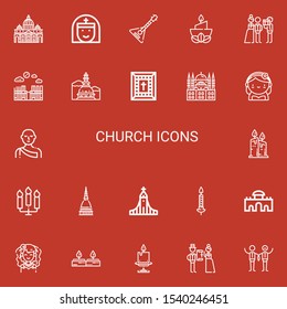 Editable 22 church icons for web and mobile. Set of church included icons line Vaticano, Nun, Balalaika, Candle, Newlyweds, Merida, Mole antonelliana, Bible on red background