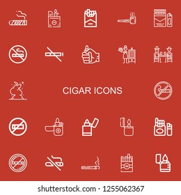 Editable 22 cigar icons for web and mobile. Set of cigar included icons line Cigar, Lighter, Cigarette, Smoking pipe, No smoking, No smoke, Smoker, Gamblers on red background