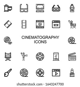 Bearbeitbar 22 Kinosymbole für Web und Mobile. Reihe von Kinematographien inklusive Ikonen Linie Film, d Brille, Kino, Schauspielerin, Film, Clapperboard, Schauspieler auf weißem Hintergrund