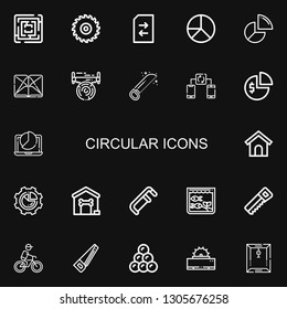 Editable 22 circular icons for web and mobile. Set of circular included icons line Labyrinth, Saw, Change, Pie chart, Section, Synchronize, Dog house, Aquarium on black background