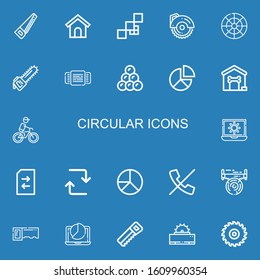 Editable 22 circular icons for web and mobile. Set of circular included icons line Saw, Dog house, Mosaic, Circular saw, Color wheel, Rotating, Round shot, Pie chart on blue background