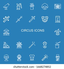 Editable 22 circus icons for web and mobile. Set of circus included icons line Cannon, Magic hat, Magic, Clown, Ferris wheel, Wand, Magic wand, Ticket window on blue background