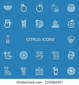 Editable 22 citrus icons for web and mobile. Set of citrus included icons line Lemon, Orange, Fruit, Lemonade, Juice, Essential oil, Apricot, Lemon juice, Vitamin c on blue background
