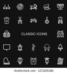 Editable 22 classic icons for web and mobile. Set of classic included icons line Brassiere, Latte, Motorbike, Phonograph, Drum, Trash bin, Chair, Motorcycle on black background