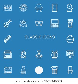 Editable 22 classic icons for web and mobile. Set of classic included icons line Tipi, Latte, Armchair, Fridge, Bell, Veena, Timpani, Tv, Harmonica, Vase, Bus stop on blue background