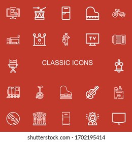 Editable 22 Classic Icons For Web And Mobile. Set Of Classic Included Icons Line Tv, Drum, Fridge, Piano, Motorbike, Bus Stop, Crown, Guitar, Accordion, Chair On Red Background