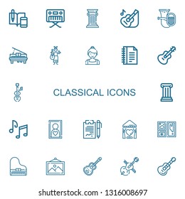 Editable 22 classical icons for web and mobile. Set of classical included icons line Notes, Piano, Column, Guitar, Tuba, Ballerina, Violin, Music notes, Frame on white background