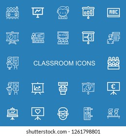 Editable 22 classroom icons for web and mobile. Set of classroom included icons line Demonstration, Presentation, Teacher, Blackboard, Class, Student, Classroom on blue background