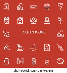Editable 22 iconos limpios para web y móvil. Conjunto de íconos limpios incluidos línea Residuos, Vacío, Baño, Bañera, sandía, Reciclaje, Eco-casa, Agua, Fuente sobre fondo rojo