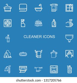 Editable 22 cleaner icons for web and mobile. Set of cleaner included icons line Towel, Bath, Clean window, Extractor, Cleaning spray, Detergent, WASHING HANDS on blue background