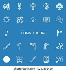 Editable 22 climate icons for web and mobile. Set of climate included icons line Global warming, Mercury, Umbrella, Thermometer, Sun, United, Cloud, Ecological on blue background
