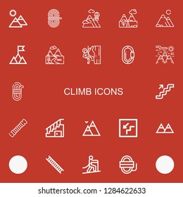 Editable 22 climb icons for web and mobile. Set of climb included icons line Mountain, Rope, Mountains, Climbing, Carabiner, Stairs, Ladder on red background