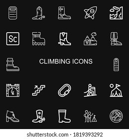 Editable 22 iconos de escalada para web y móvil. Juego de escalada incluye la línea de iconos Sleeping bag, Boot, Adventure, Cliff, Scout, Boots, Mountains, Bungee saltando sobre fondo negro