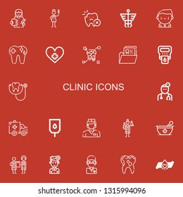 Editable 22 clinic icons for web and mobile. Set of clinic included icons line Doctor, Nurse, Tooth, Caduceus, Donor, Hospital, Hemoglobin, Stethoscope, Ambulance on red background