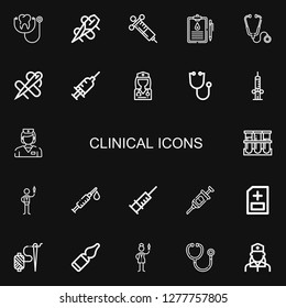 Editable 22 clinical icons for web and mobile. Set of clinical included icons line Stethoscope, Needle, Syringe, Medical history, Doctor, Nurse, Blood sample on black background