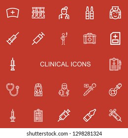 Editable 22 clinical icons for web and mobile. Set of clinical included icons line Nurse, Blood sample, Doctor, Syringe, First aid, Medical report, Medical history on red background