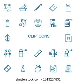 Editable 22 clip icons for web and mobile. Set of clip included icons line Alarm, Mortar, Hairpin, Eraser, Spray, Tornado, Onion rings, Clamp, Rugby ball, New file on white background