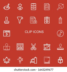 Editable 22 clip icons for web and mobile. Set of clip included icons line Rugby ball, Flower, Inbox, File, Caramelized apple, Stamp, Funnel, Spray, Clapper on red background