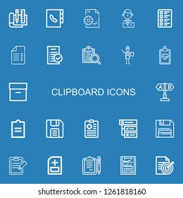 Editable 22 clipboard icons for web and mobile. Set of clipboard included icons line Plan, Agenda, Management, Manager, Test, Tasks, Clipboard, Archive, Document on blue background