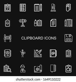 Editable 22 clipboard icons for web and mobile. Set of clipboard line icons including: List, Test, Notepad, Paper, Clipboard, Check list, Planning, Diskette on black background