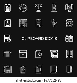 Editable 22 clipboard icons for web and mobile. Set of clipboard included icons line Clipboard, Evaluation, Test, List, Medical record, Medical report, Archive on black background