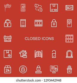 Editable 22 closed icons for web and mobile. Set of closed included icons line Eye mask, Locked, Tin, Cardboard, Canned food, Unlocked, Password, Lockers, Padlock on red background