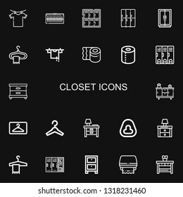 Editable 22 closet icons for web and mobile. Set of closet included icons line Clothes hanger, Wardrobe, Locker, Lockers, Hanger, Toilet paper, Nightstand on black background