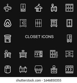 Editable 22 closet icons for web and mobile. Set of closet included icons line Hanger, Closet, Nightstand, Locker, Potty, Lockers, Wardrobe, Portable toilets on black background