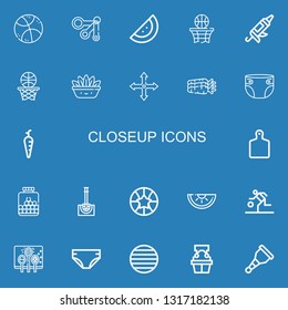 Editable 22 closeup icons for web and mobile. Set of closeup included icons line Basketball, Measuring spoons, Watermelon, Caulk gun, Fern, Position, Carrots on blue background
