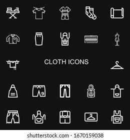Bearbeitbar 22 Stoffsymbole für Web und Mobile. StoffSet mit den Symbolen der Linie Eisen, Kleiderhänger, Kleidung, Socken, Papierrolle, Kleidung, Kleidung, Rock, Vorron, Warrobe auf schwarzem Hintergrund