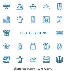 Editable 22 clothes icons for web and mobile. Set of clothes included icons line Iron, Baby boy, Winter hat, Wardrobe, Baby crib, Polo shirt, Trousers, Washing machine on white background