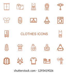 Editable 22 clothes icons for web and mobile. Set of clothes included icons line Wardrobe, Clothes, Dress, Eskimo, Rattle, Shirt, Baby, Hanger, Apron, Washing machine on white background