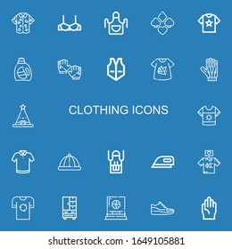 Editable 22 clothing icons for web and mobile. Set of clothing included icons line Shirt, Brassiere, Apron, Suit, Detergent, Gloves, Vest, Tshirt, Hat, Polo shirt on blue background