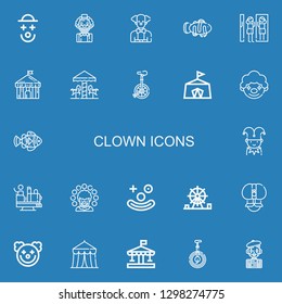 Editable 22 clown icons for web and mobile. Set of clown included icons line Clown, fish, Amusement park, Circus, Carousel, Unicycle, Jester, Attraction on blue background